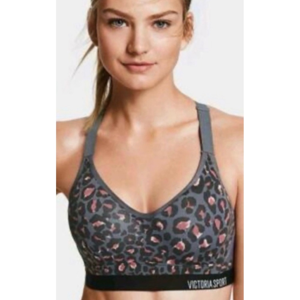 Victoria Sport Leopard Print Racerback Sports Bra Grey Pink Small